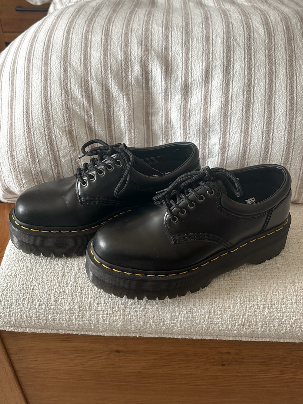 Dr. Martens Black Platform Lace-Up Oxfords with Yellow Stitching